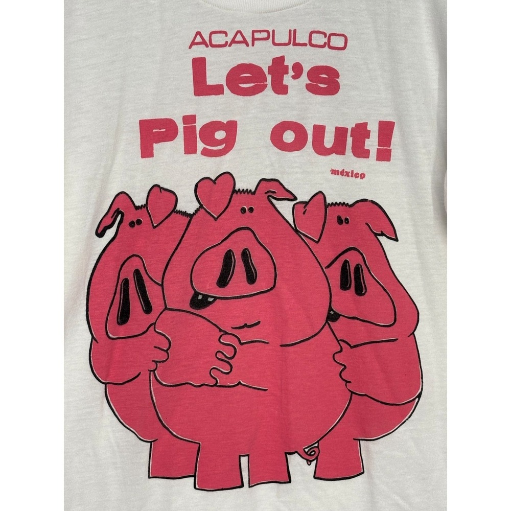 Acapulco Let's Pig Out! Graphic Tee Mens White Pink Vintage 90s Tropical Beach